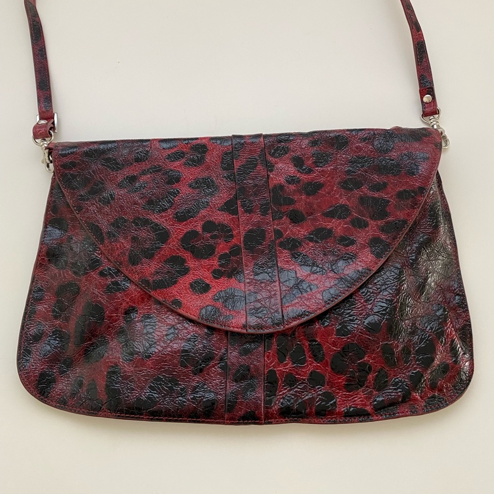 Red and black leopard slim envelope style purse with long strap